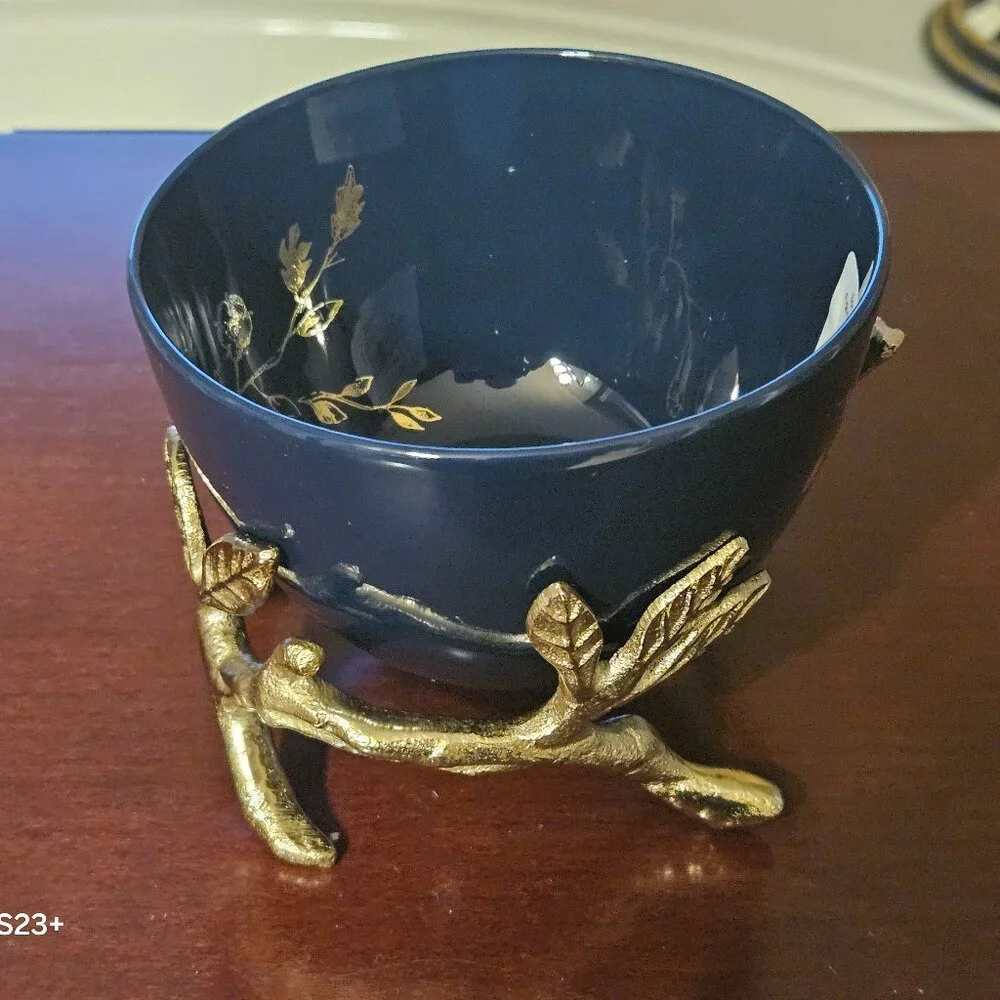 RARE NIB LENOX BUTTERFLY FLOWER SPRIG & VINE NAVY BLUE GOLD FIGURAL BOWL & STAND
